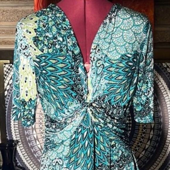 Connected Petite Peacock Print Twisted Front Dress 12P MUST BUNDLE - Picture 2 of 8